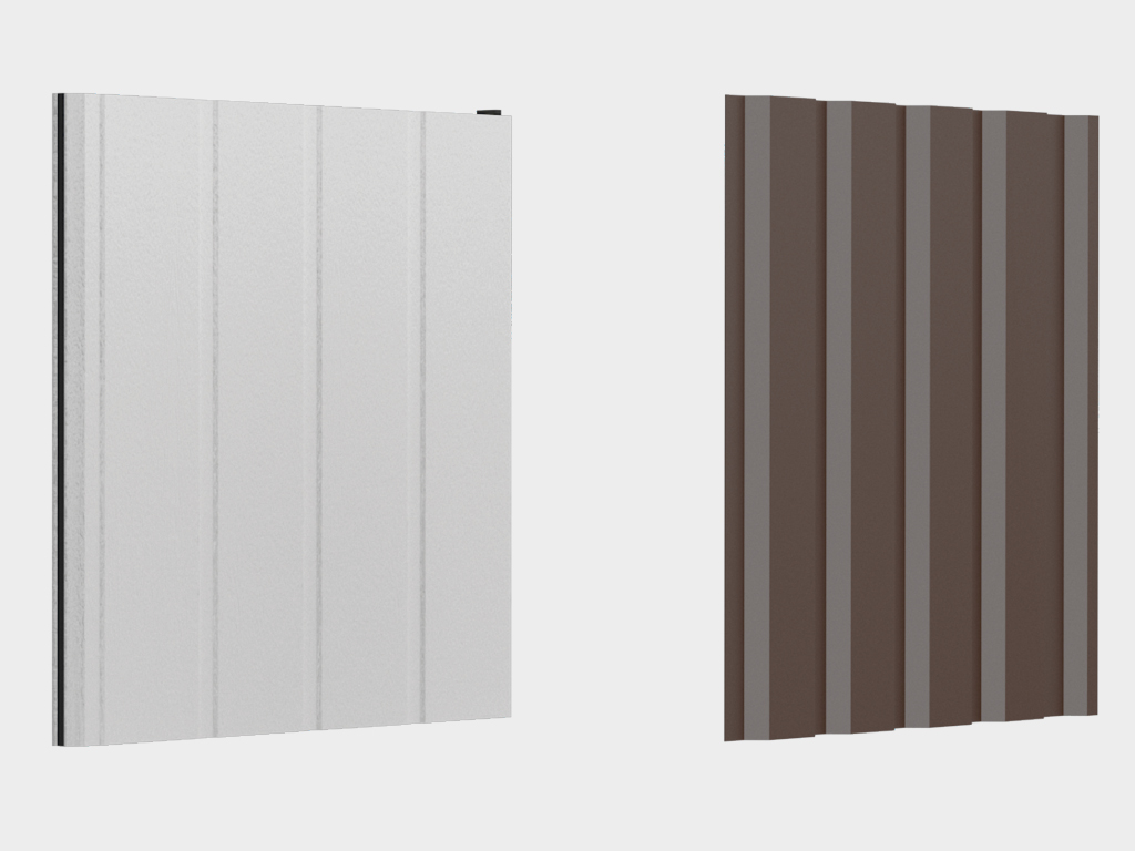 Devor materiali – sandwich-panel (tashqarisi va ichki tomoni RAL 9003 rangi); tom yopish materiali – C44 profilli varaqalar (tsinklangan).